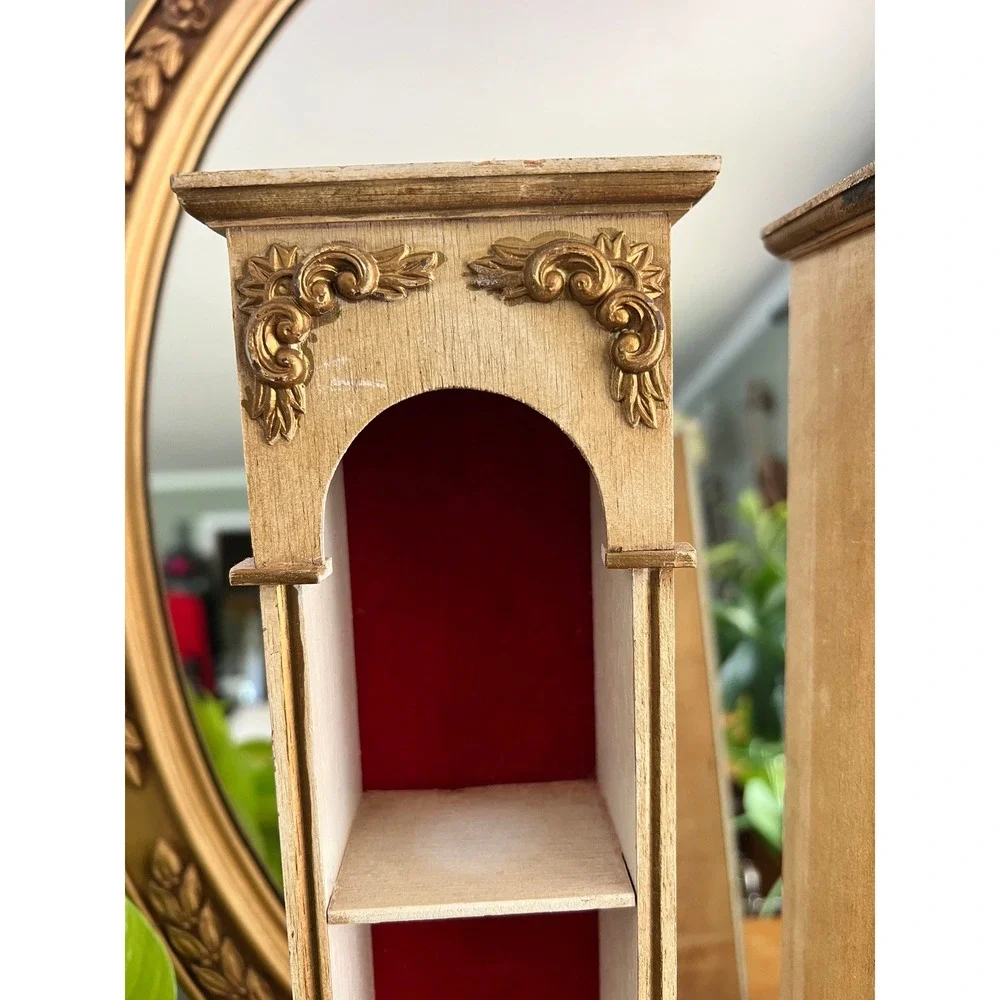 Vintage Style Red Velvet Trinket Curio Shelves Faux Drawer  Pair Gold Cream
